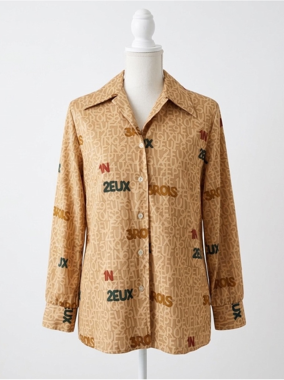 Vintage 70s Lady Devon French Numeral Print Blouse Dagger Collar Mod Retro Sz L